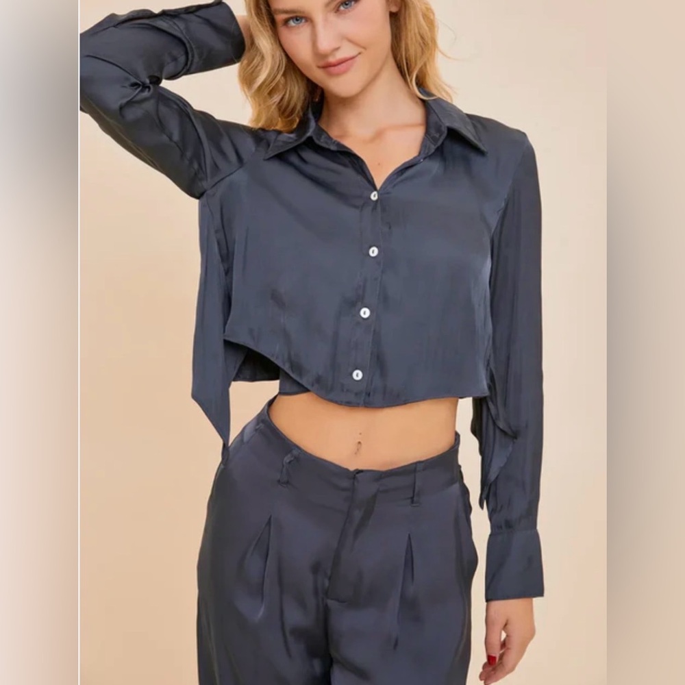 Mustard Seed Blue Satin Button Down Shirt
